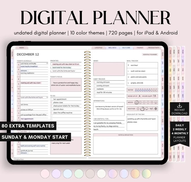 All-in-One Digital Planner Undated, iPad & Android Planner, Digital Calendar, GoodNotes Template, Daily Weekly Monthly Journal for 2025 2026