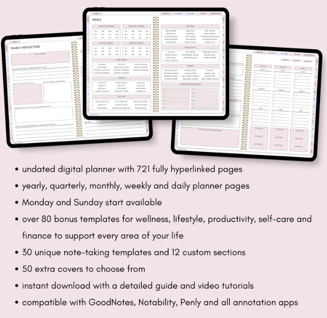 All-in-One Digital Planner Undated, iPad & Android Planner, Digital Calendar, GoodNotes Template, Daily Weekly Monthly Journal for 2025 2026 - Image 4